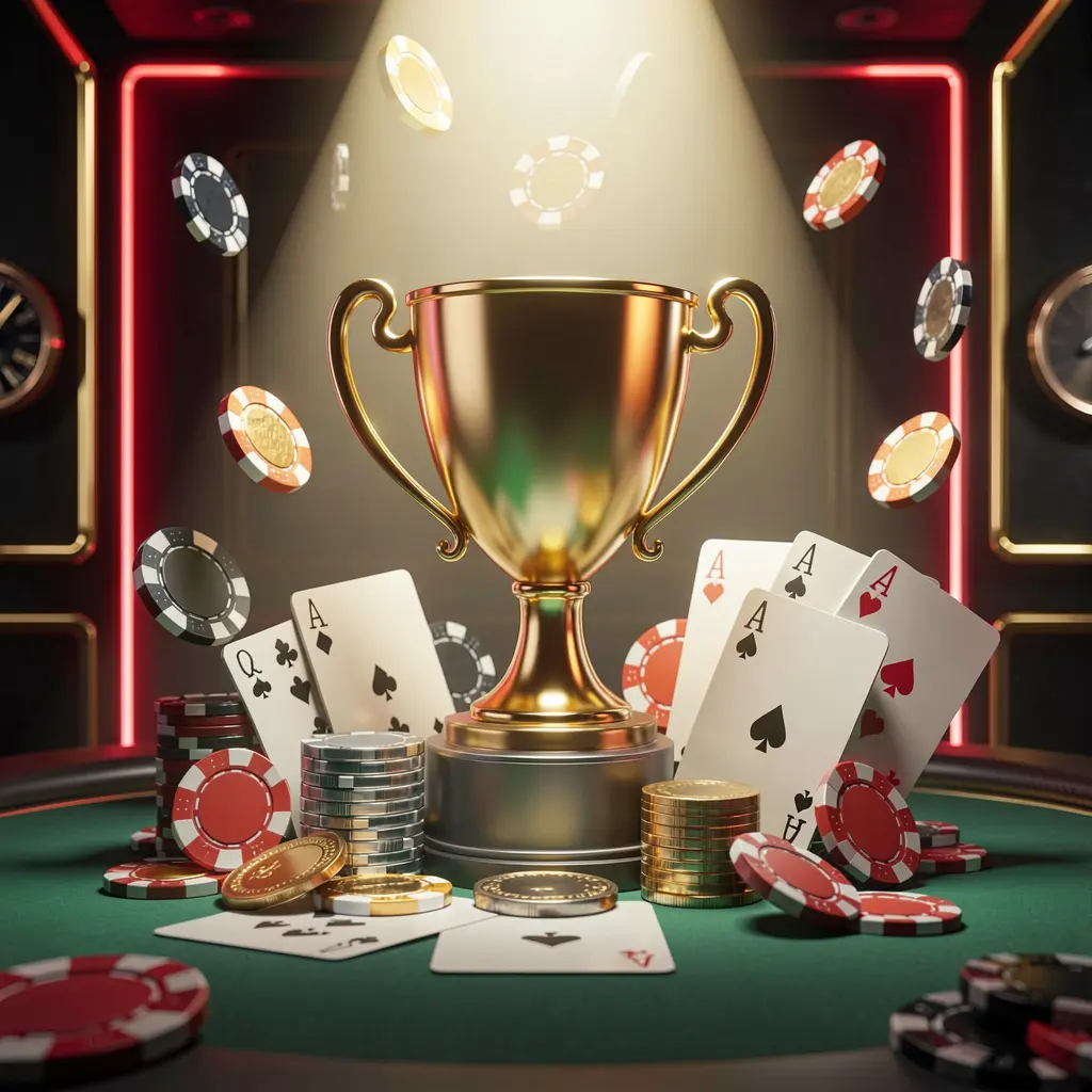BK 933 casino tournament bonus concept featuring a golden trophy surrounded by poker chips, playing cards, and coins under a bright spotlight in a luxurious casino setting with dark background and red and gold neon accents