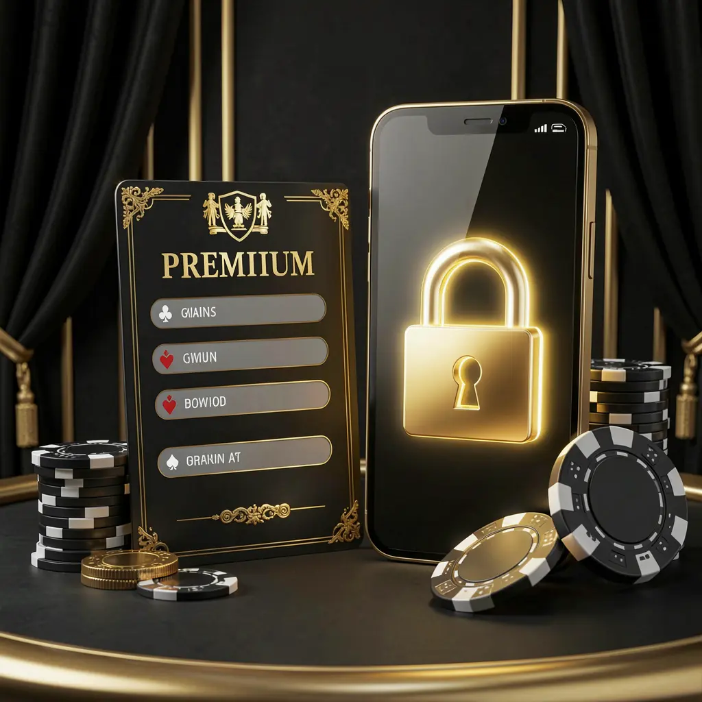 BK 933 casino member login concept featuring a premium membership card beside a smartphone with a glowing lock symbol, poker chips and coins on a black and gold luxury background in a realistic 3D illustration