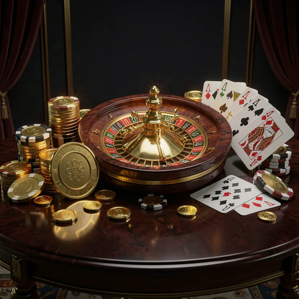 Premium online casino scene by BK 933 featuring golden coins, glowing chips, a roulette wheel, and playing cards on a glossy table with an elegant dark background in a high detail realistic 3D render